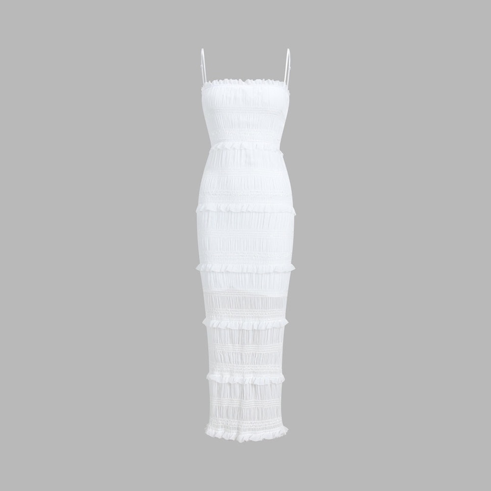 Commense Aegean Ruffle Zippered Midi Dress White